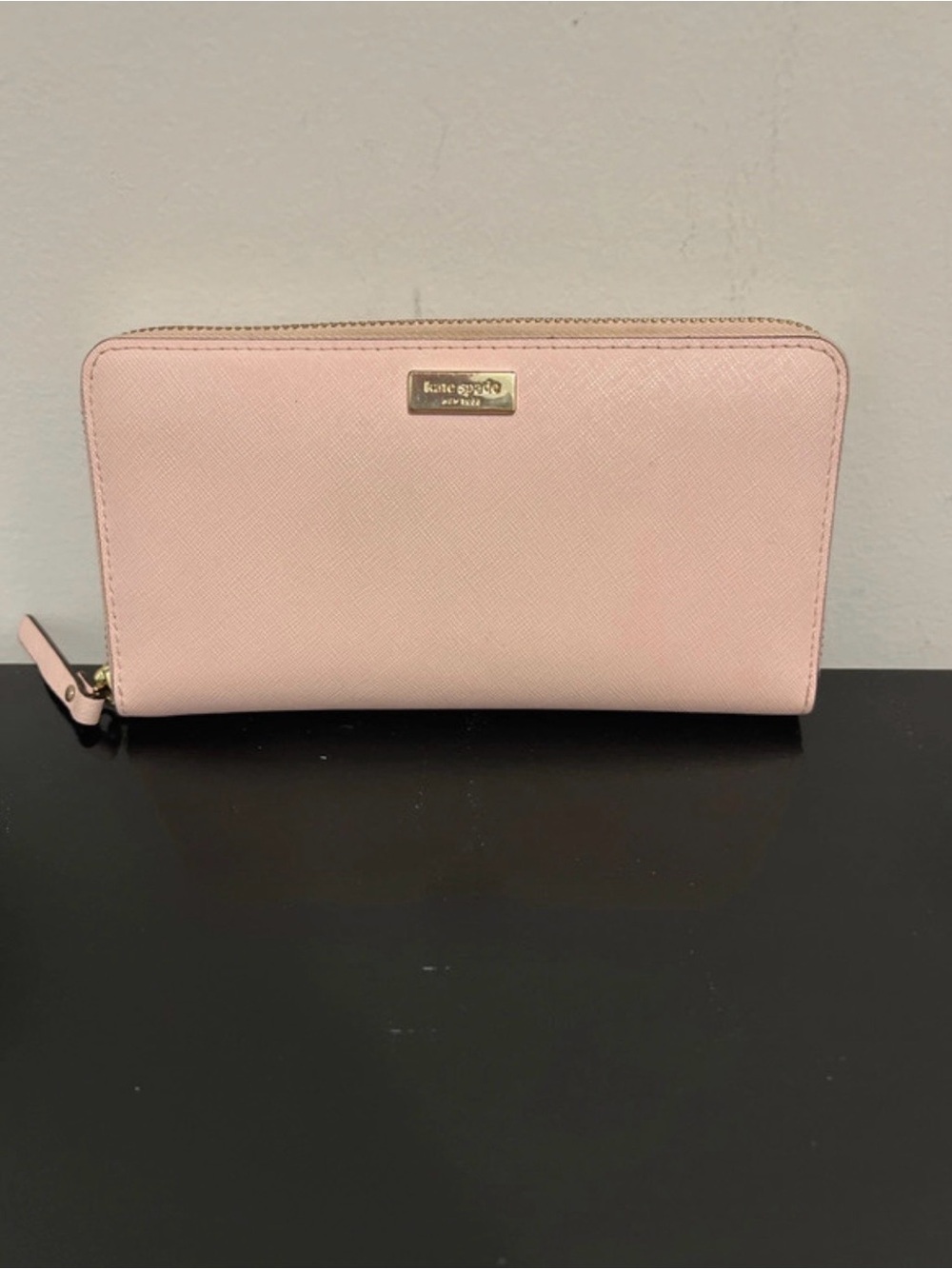 kate spade Light Pink Saffiano Zip-Around Wallet with Gold Plaque
